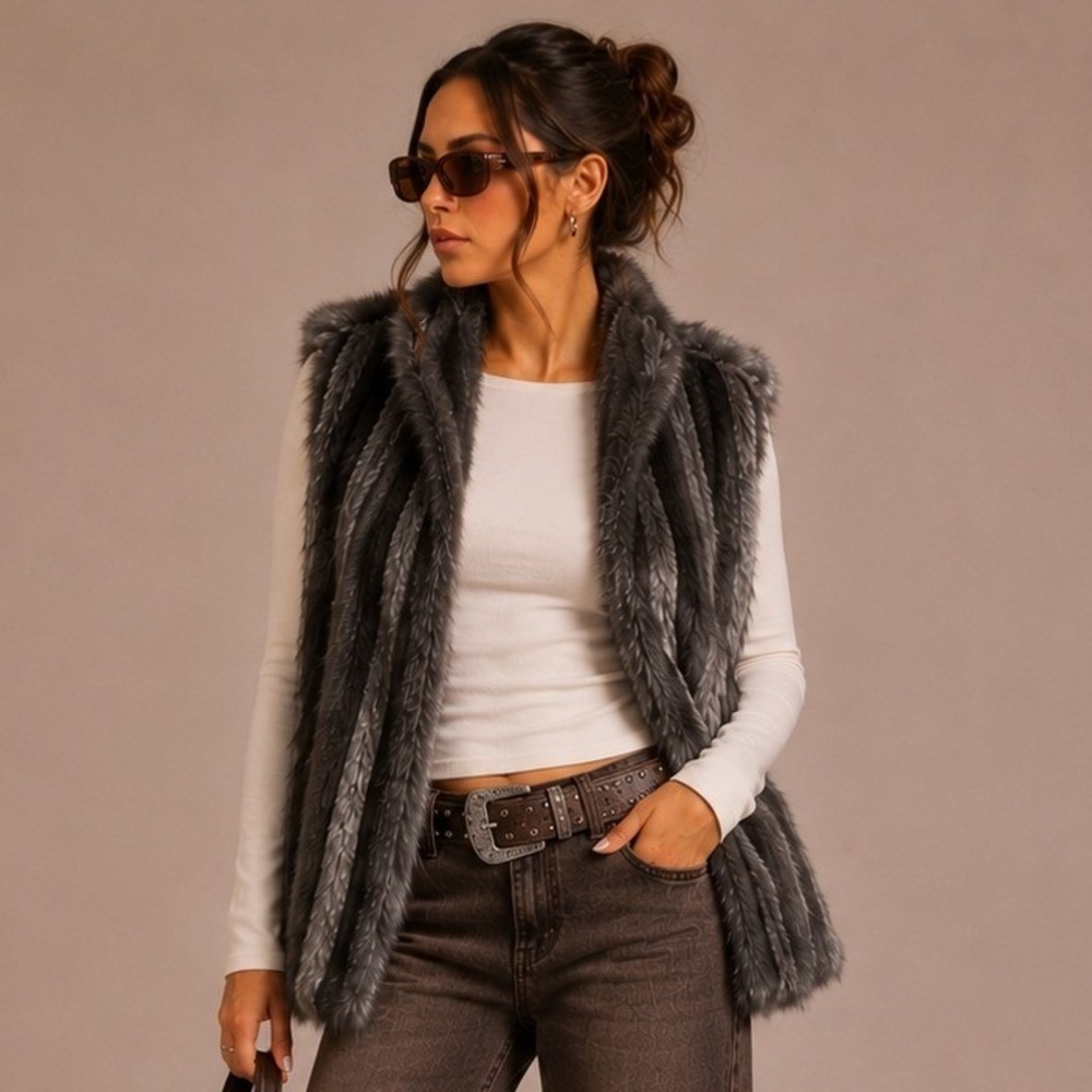 Chicos Lux Dark Grey Black Faux Fur Vest Plush Open Front Vest Glam Cozy Chic M